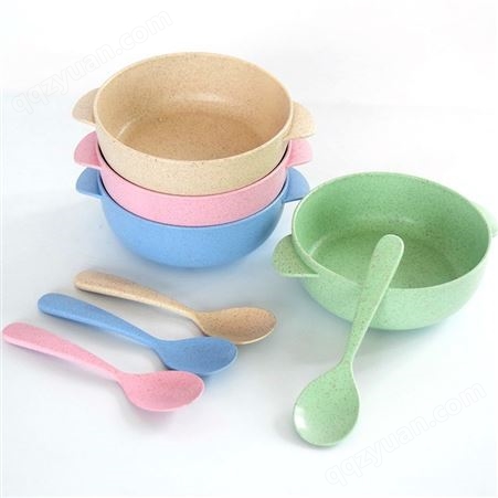创意餐具套装礼品简约防摔防滑纯色家用小麦秸秆儿童碗送勺子