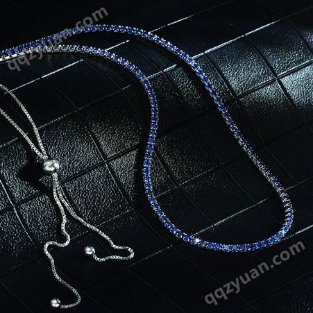俊恒珠宝简约女式可调节925项链满镶2.5mm蓝宝石色高碳钻颈链65cm